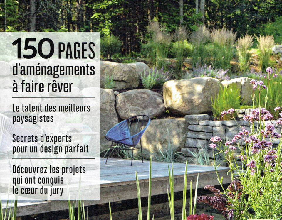 a magazine cover with a garden and rocks