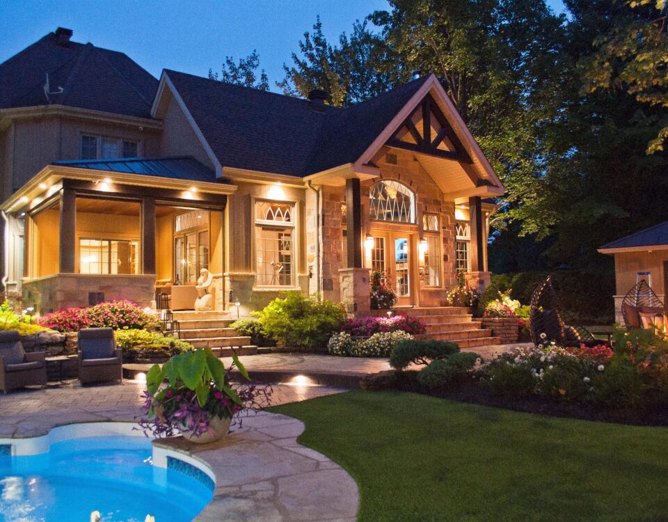 a house with a pool in the front